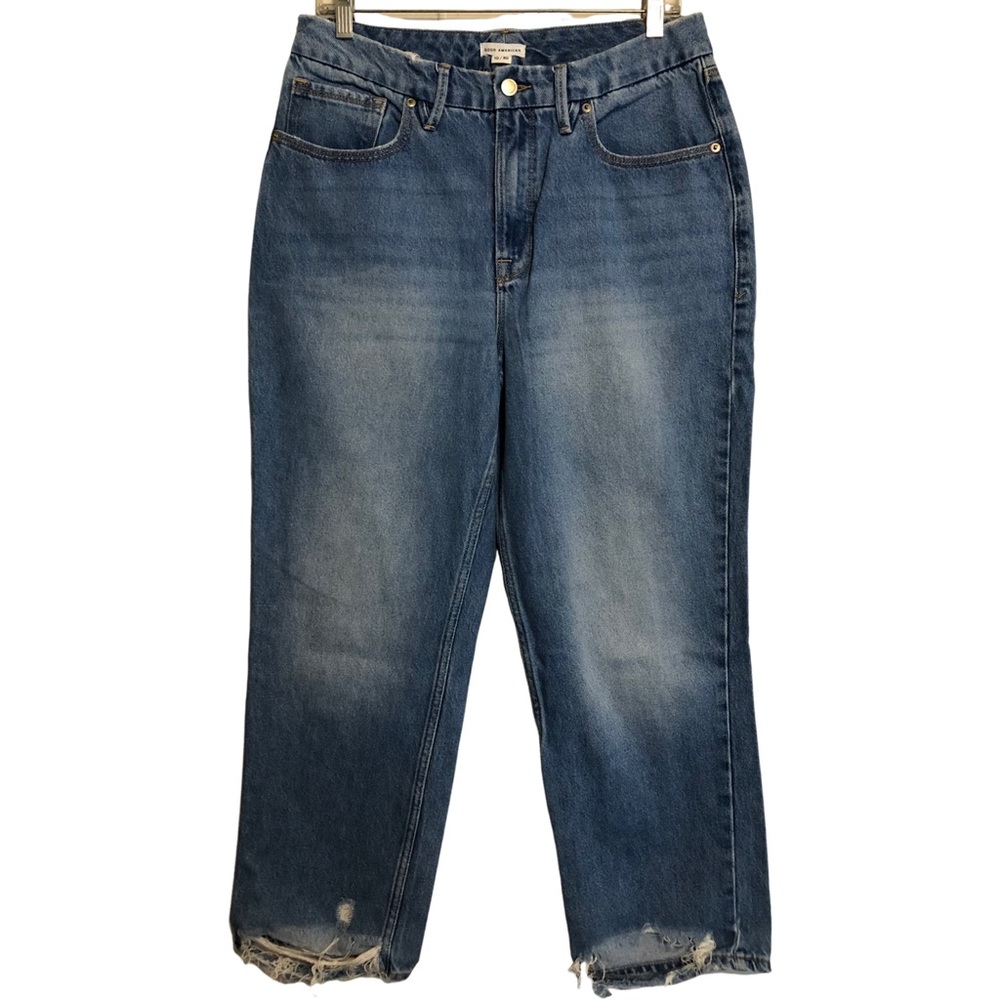 Good American 90's Duster Women's Indigo Distressed Denim Crop Blue Jeans 10/30I